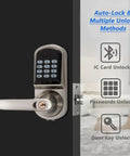 3 In 1 Ultra Secure Electronic Keypad Door Lock With Handle For Front Door Keypad Card FOB Access And Physical Key Auto Lock Right Handed Satin Nickel Finish Easy Family Safe Keyless Entry with visible IC card, password, and key unlock icons.