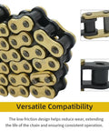 Close-up of Heavy Duty 428H Drive Chain For Dirt Bikes And ATVs, seamless gold outer and blue inner plates, highlighting compatibility.