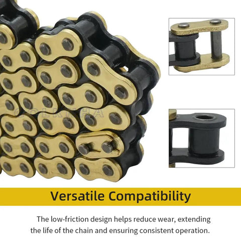 Close-up of Heavy Duty 428H Drive Chain For Dirt Bikes And ATVs, seamless gold outer and blue inner plates, highlighting compatibility.