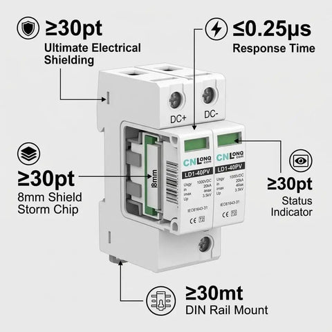 Two Pack 1000V 40KA DC Surge Protector with Lightning Shield and modular design on 35mm DIN rail, side view.