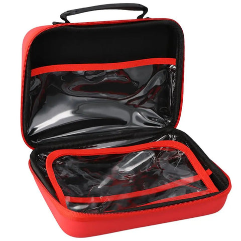 Open Waterproof EVA First Aid Organizer Kit For Family Use showing clear interior pouches, large capacity red case
