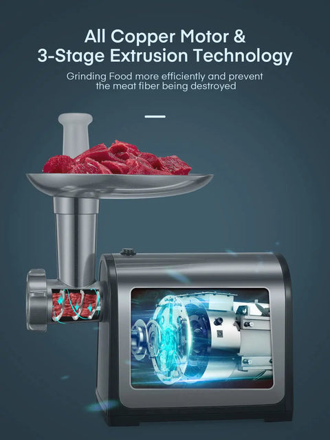 Heavy Duty Electric Meat Grinder With Sausage Stuffer Kit 3200W Peak 300W Rated showing copper motor and extrusion technology.