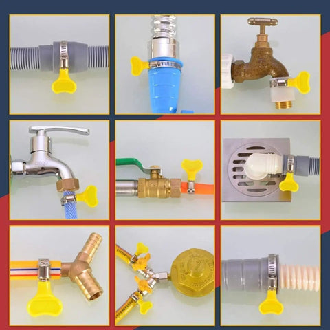Yellow Stainless Steel Hose Clamps Pack of 14, Adjustable Thumb Screw Key Type, installed on various plumbing and machinery setups.