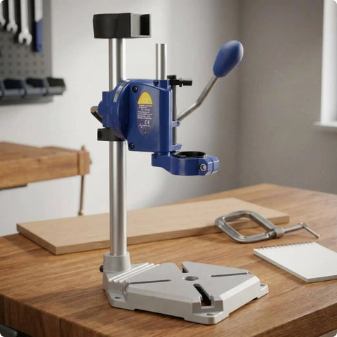 Drill Press Stand with Adjustable Depth Control and Vertical Support, Double Hole Aluminum Base, Hand Drill Mount on workbench.