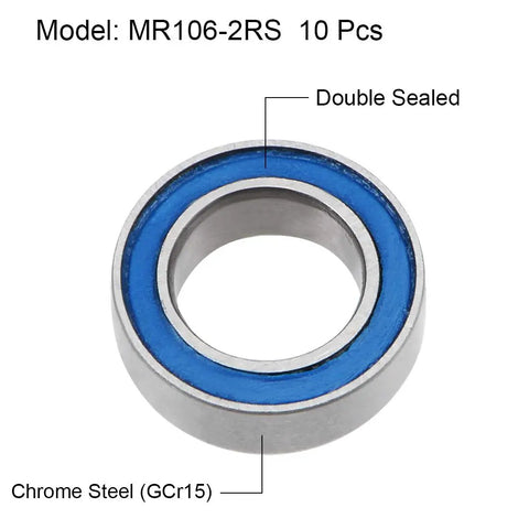 MR106 2RS Deep Groove Ball Bearing 6mm ID 10mm OD 3mm Thick Double Sealed Chrome Steel Low Noise Z2 10 Pack for DIYers and Gearheads: blue sealed bearing