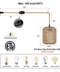 Handcrafted Boho Rattan Plug In Pendant Light With Six Watt Led Bulb And Warm 3000k Glow Featuring A Handy Dimmer Switch Plus Fifteen Foot Cord Easy Peasy Setup And Total Vibe Upgrade For Bedroom, showing dimensions and accessory pack.