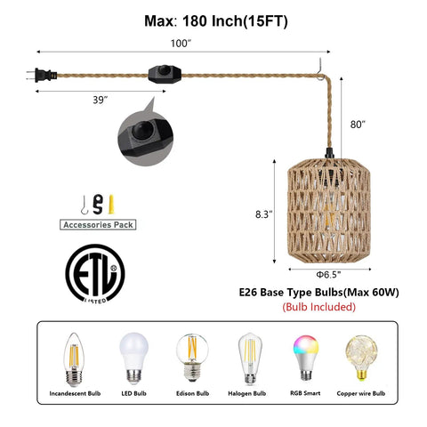 Handcrafted Boho Rattan Plug In Pendant Light With Six Watt Led Bulb And Warm 3000k Glow Featuring A Handy Dimmer Switch Plus Fifteen Foot Cord Easy Peasy Setup And Total Vibe Upgrade For Bedroom, showing dimensions and accessory pack.