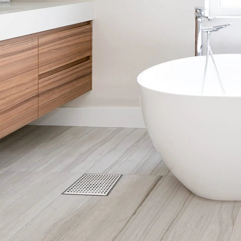 Modern bathroom with 6 Inch Square Shower Drain With Flange In SUS 304 Stainless Steel Watermark Finish Including Hair Strainer.