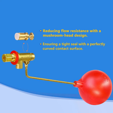 Beefy One Quarter Inch Brass Float Valve For Evaporative Cooler Built Tough Heavy Duty Leak Proof With Three Inch Polyethylene Float And Mushroom Silicone Seal For Long Lasting Performance In Harsh Water Conditions with red float