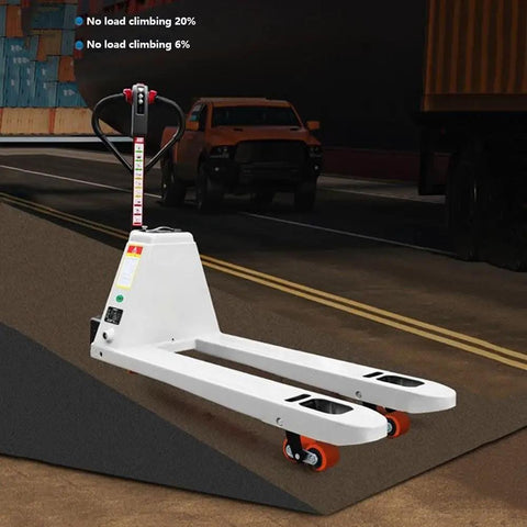 Heavy Duty Electric Pallet Jack Truck With 1500KG Load Capacity For Warehouses And Material Handling Operations featuring ramp use.