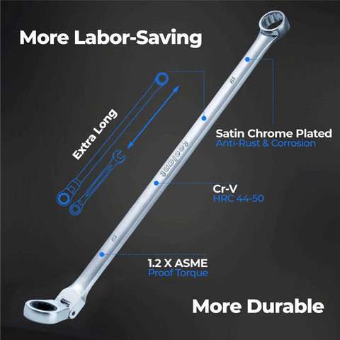 Badass Extra Long 10mm Metric Flex Head Ratcheting Wrench Built Different For Quick Tightening And Loosening Tasks Without Any Sweat Under Pressure, satin chrome plated.