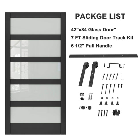 Tempered Frosted Glass Sliding Barn Door With 7 Ft Hardware Kit, 42 X 84 Inches, Solid Core Wood, Black Finish