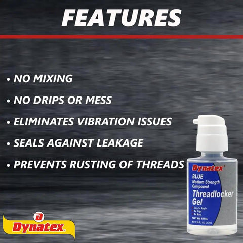 Blue Gel Threadlocker Medium Strength For Metal Fasteners Removable With Hand Tools 1.20 Oz Bottle features list