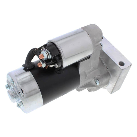 Beefy High Torque LS Mini Starter with clockable design, billet mounting block, and steel gears for LS engines, side view