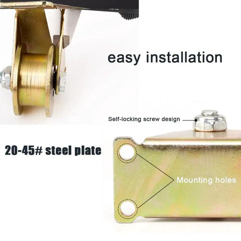 Heavy Duty V Track Gate Roller Wheels With Mounting Bracket For Sliding Gates And Industrial Tracks Four Inch Steel Caster Pair detail showing mounting holes and steel plate.