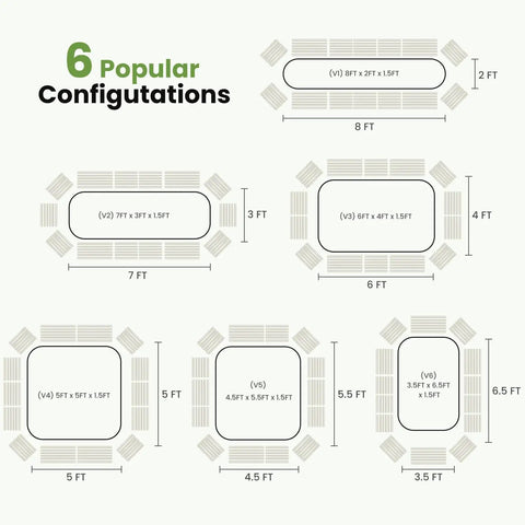 Diagram showing 6 configurations of Beefy Heavy Duty Galvanized Round Metal Raised Garden Bed 8 Ft Long By 2 Ft Wide By 1.5 Ft High Outdoor Planter Box Open Bottom Rust Resistant Steel For Vegetables Herbs Flowers Easy Assembly.