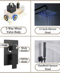 Dope LED Rain Shower System With 12 Inch Square Brass Rain Head showing valve, LED lights, switch panel, handheld sprayer