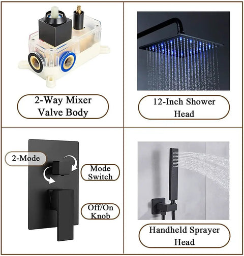 Dope LED Rain Shower System With 12 Inch Square Brass Rain Head showing valve, LED lights, switch panel, handheld sprayer