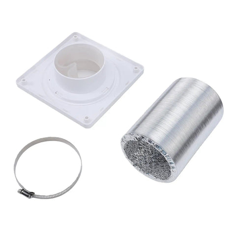 Super Cool 4 Inch Dryer Vent Connector Kit With Quick Lock Coupling And 8 Foot Flexible Foam Hose Plus Rotating Wall Plate Flange For Easy Laundry Room Or Bathroom Exhaust Setup And Lint Cleaning Maintenance, white wall plate, hose, clamp