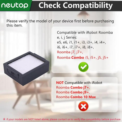 Image showing compatibility check for 6 Pack Replacement HEPA Filters For Roomba E I And J Series Vacuum Cleaners including various models.