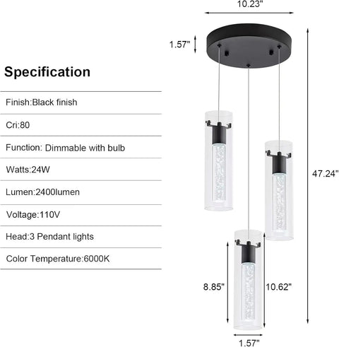 Black Finish 3 Light Pendant Lights For Kitchen Island And Dining Room, modern hanging fixture with bubble cylinders, specs view