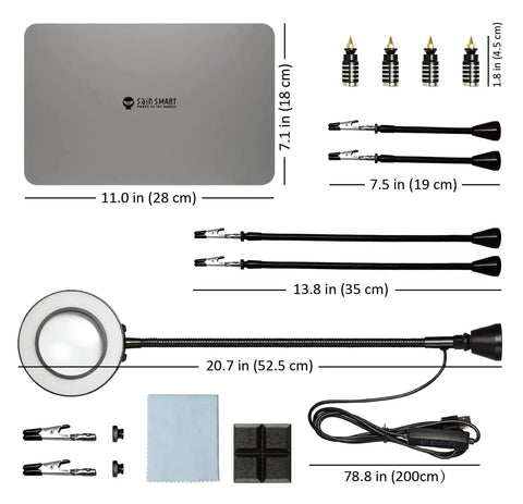 Components of Magnetic Helping Hands Soldering Station With Large 11.1x7.1 Inch Base, 5X LED Magnifying Lamp, arms, and PCB holders.