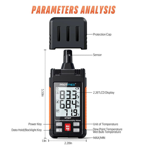 Temperature Humidity Meter High Precision Digital Hygrometer with LCD display and protective cover.