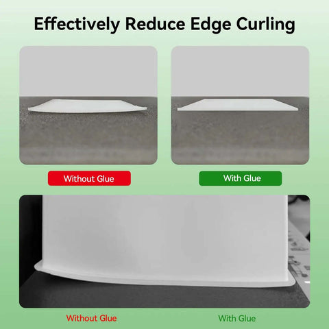 Comparison image showing 3D print edge curling without glue and flat edges with Rock Solid 60ML 3D Printer Adhesive Glue For Ultra Strong Bed Adhesion
