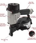 Pro Grade Coil Roofing Nailer Fires 1-3/4 Inch 15 Degree Fasteners With Lightweight Aluminum Body And Smooth Operator Valve System For Tough Daily Construction Work, showing controls and features.