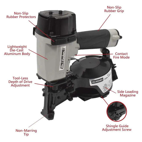 Pro Grade Coil Roofing Nailer Fires 1-3/4 Inch 15 Degree Fasteners With Lightweight Aluminum Body And Smooth Operator Valve System For Tough Daily Construction Work, showing controls and features.