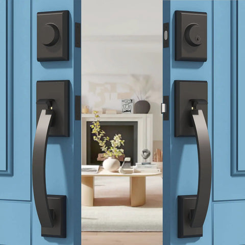 Matte Black Front Door Handle Set With Deadbolt And Lever, Heavy Duty Double Door Lock Kit Includes Dummy, Single Cylinder Deadbolt