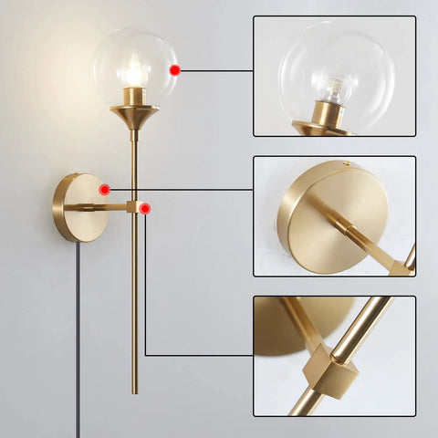 Gold Globe Wall Sconce Plug In Mid Century Modern Long Arm Light With Bubble Glass Shade Brush Brass Vanity Fixture