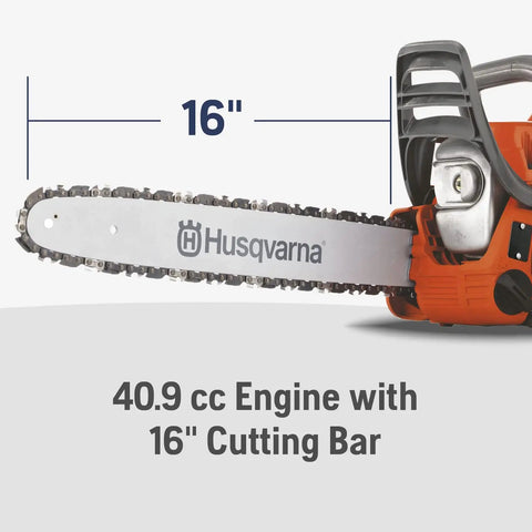 Gas Chainsaw With 40cc 2 HP 2 Cycle X Torq Engine And 16 Inch Bar Lightweight Easy Start For Wood Cutting And Tree Trimming At Home Farm Or Job Site Smart Start And Air Purge Technology close-up of 16 inch bar size
