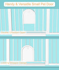 Illustration of adjustable walk through baby gate with cat door and small pet door, double direction open, locking stopper design.