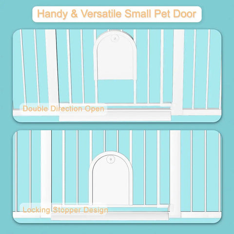 Illustration of adjustable walk through baby gate with cat door and small pet door, double direction open, locking stopper design.
