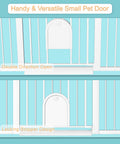 Top and bottom view of Extra Wide Baby Gate with Cat Door showing double direction open feature and locking stopper design.