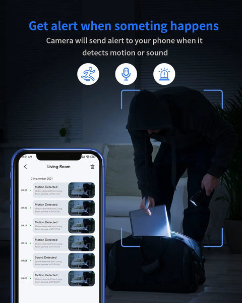1080P FHD Indoor WiFi Security Camera 2 Pack With Night Vision Two Way Audio And Motion Alerts app showing intruder alert