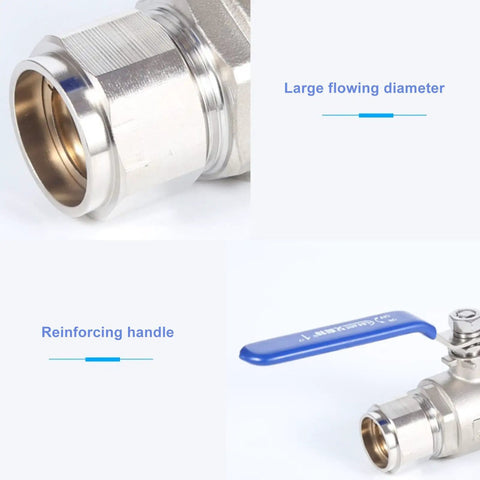 1 1/4 Inch NPT Ball Valve With 1000 WOG Rating And Rust Resistant 304 Stainless Steel Body showing large flowing diameter and reinforcing handle.