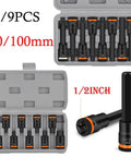 Top Notch Heavy Duty Hex Socket Adapter Kit Made From Tough Chrome Vanadium Steel For 1/2 Inch Drivers With H4 To H17 Bits In Short 55mm Lengths, Perfect For Factory Work And Auto Repairs That Need Real Grit And Precision. 9-piece 55mm hex adapter set in case
