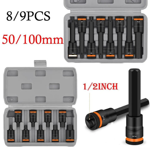 Top Notch Heavy Duty Hex Socket Adapter Kit Made From Tough Chrome Vanadium Steel For 1/2 Inch Drivers With H4 To H17 Bits In Short 55mm Lengths, Perfect For Factory Work And Auto Repairs That Need Real Grit And Precision. 9-piece 55mm hex adapter set in case