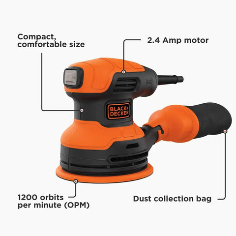 Side view of a 5-inch Random Orbit Sander with 2.4 Amp motor, built-in dust bag, and 3-position grip for easy control on projects.