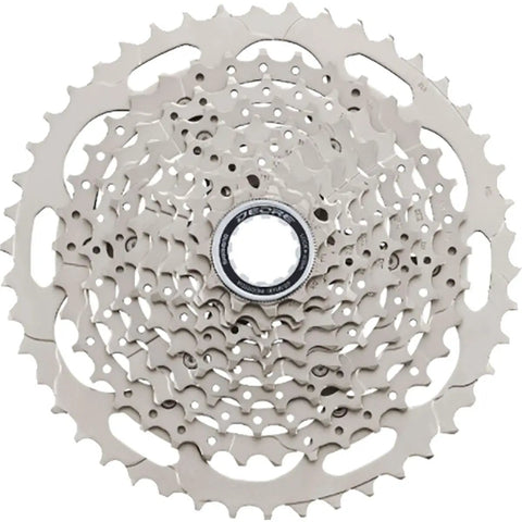Top view of Deore 10-Speed Cassette CS M4100 11-42T Silver for all mountain bikes showing wide gear range and alloy construction