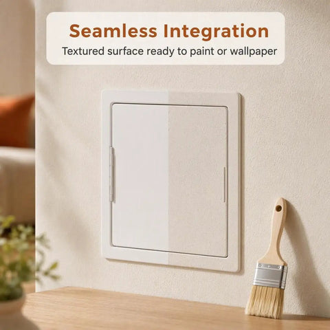 Rock Solid 12 Inch Abs Plastic Hinged Access Panel Waterproof Wall Cover Door For Bathrooms And Kitchens against textured wall.