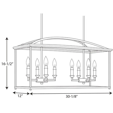 Diagram of Piedmont Collection Eight Light Farmhouse Chandelier In Antique Bronze With Open Cage Frame and soaring arches.