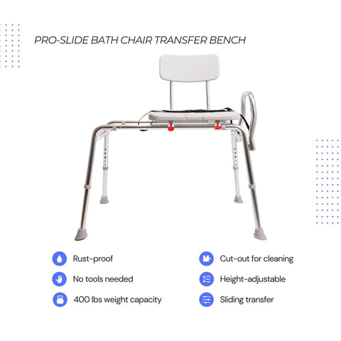 Pro-Slide Shower Chair And Tub Transfer Bench With Cutout, adjustable height, heavy-duty 400 lbs capacity, front view.