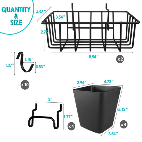 Pegboard Organizer Set 16 Pack With Bins Baskets Cups Hooks And J Hooks For One Eighth And One Quarter Inch Pegboards Black Holders