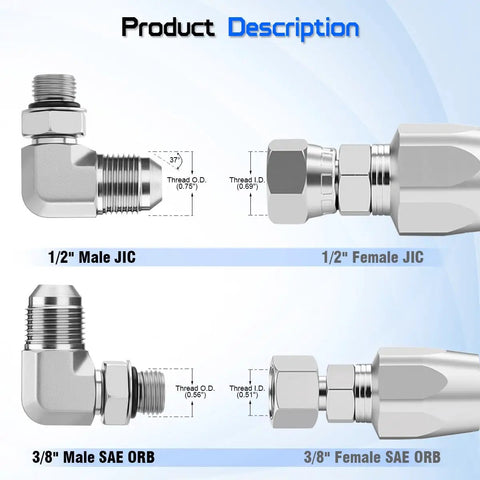 Half Inch Male JIC 37 Degree Flare To Three Eighth Inch Male SAE ORB 90 Degree Elbow Hydraulic Adapter For JIC To ORB Conversion SAE J514 J1926 Compatible Solid Heavy Duty 2 Pack, 1/2 JIC and 3/8 ORB