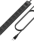 Eight Outlet Magnetic Power Strip With 6 Ft 14AWG Cord Mounts On Metal Surfaces No Drill Setup Includes Four Screws For Easy Wall Or Desk Use Perfect For Garage Shop Or Home Office. Black 8-outlet metal power strip with cord