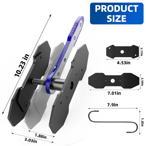 360 Degree Adjustable Brake Caliper Piston Compressor Tool with extra large steel plates and hooks, one hand retraction, blue.