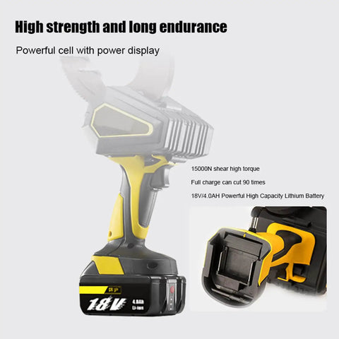 Beefy Battery Powered Hydraulic Cable Cutter With LED Display And Two 18V Batteries, yellow and black design, close-up view